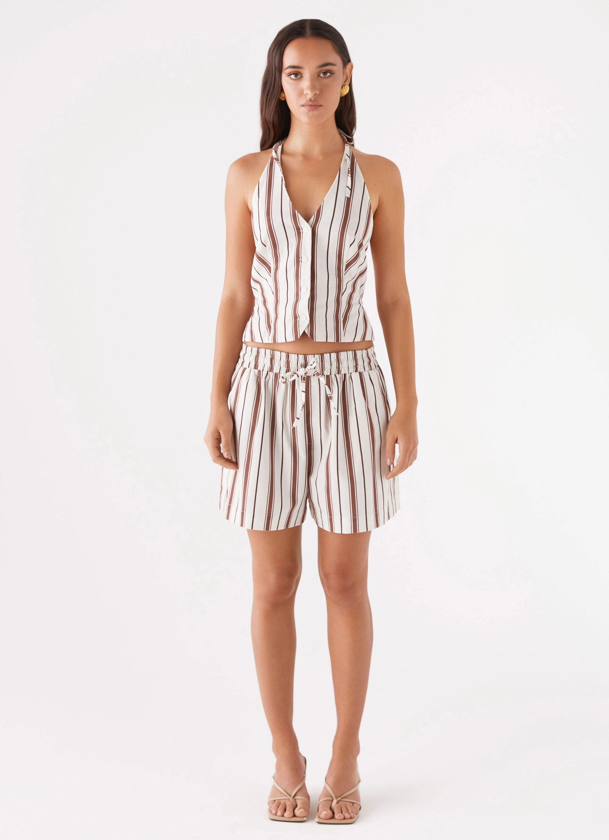 Kristen Linen Drawstring Shorts - Brown Stripe AdjustableTabs