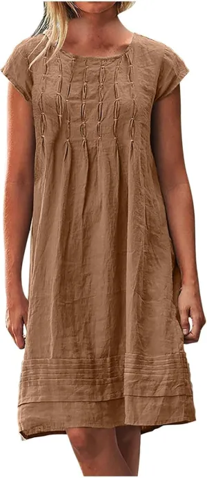 Kubbon Linen Dress for Women Plus Size Cap Sleeve Pleated Summer Midi Dresses Crew Neck Casual Dress Trendy Vacation Clothes