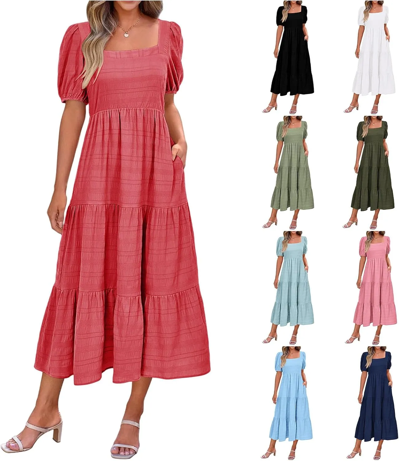 Kubbon Women's Boho Summer Dresses Puff Sleeve Square Neck Maxi Dresses Smocked Elastic Waist Tiered Midi Dress with Pockets