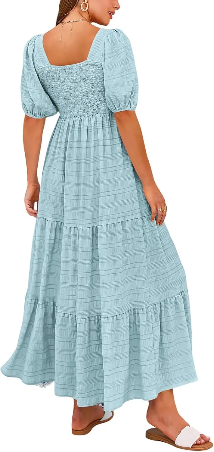 Kubbon Women's Boho Summer Dresses Puff Sleeve Square Neck Maxi Dresses Smocked Elastic Waist Tiered Midi Dress with Pockets
