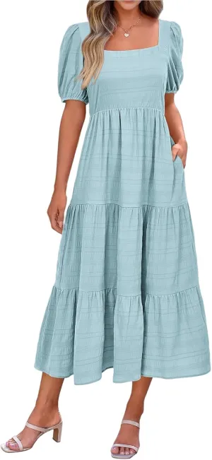 Kubbon Women's Boho Summer Dresses Puff Sleeve Square Neck Maxi Dresses Smocked Elastic Waist Tiered Midi Dress with Pockets