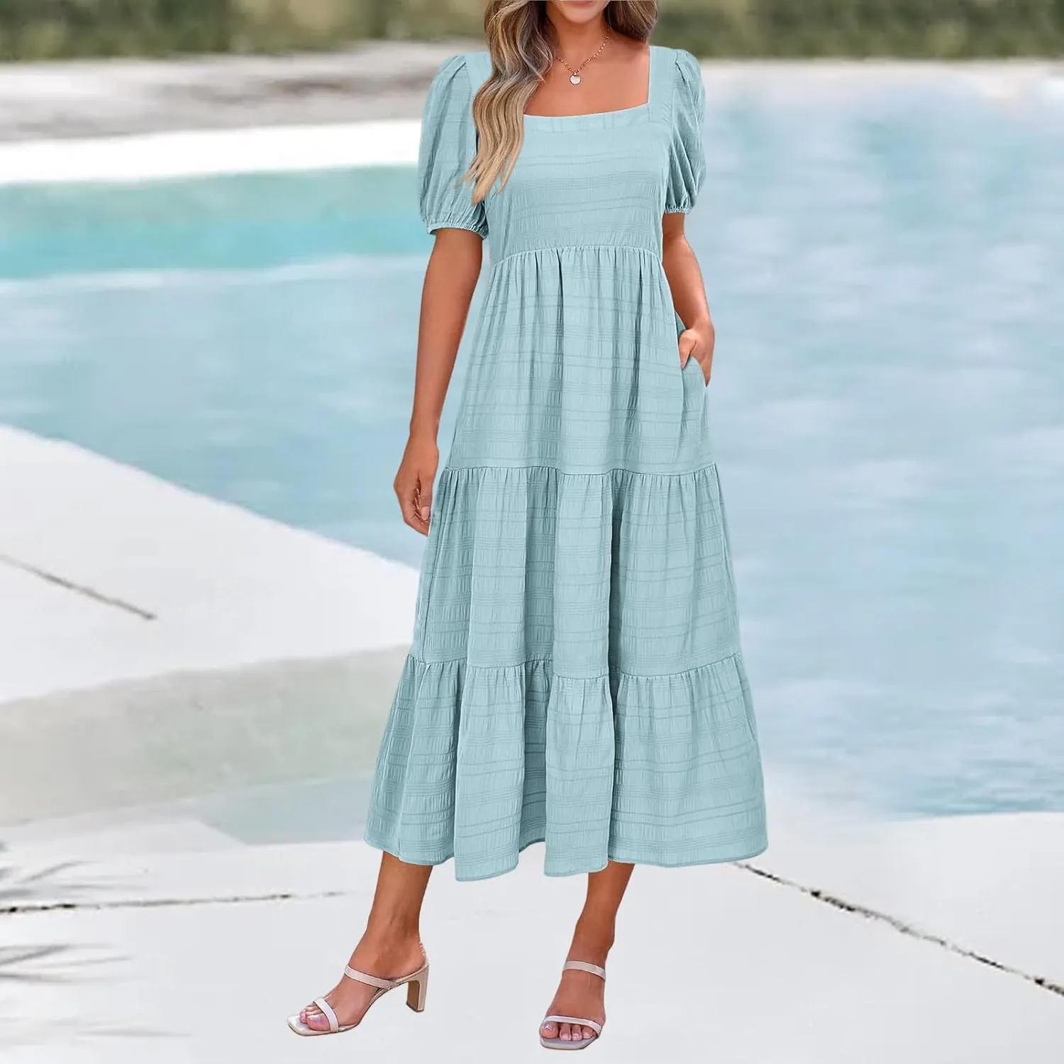 Kubbon Women's Boho Summer Dresses Puff Sleeve Square Neck Maxi Dresses Smocked Elastic Waist Tiered Midi Dress with Pockets