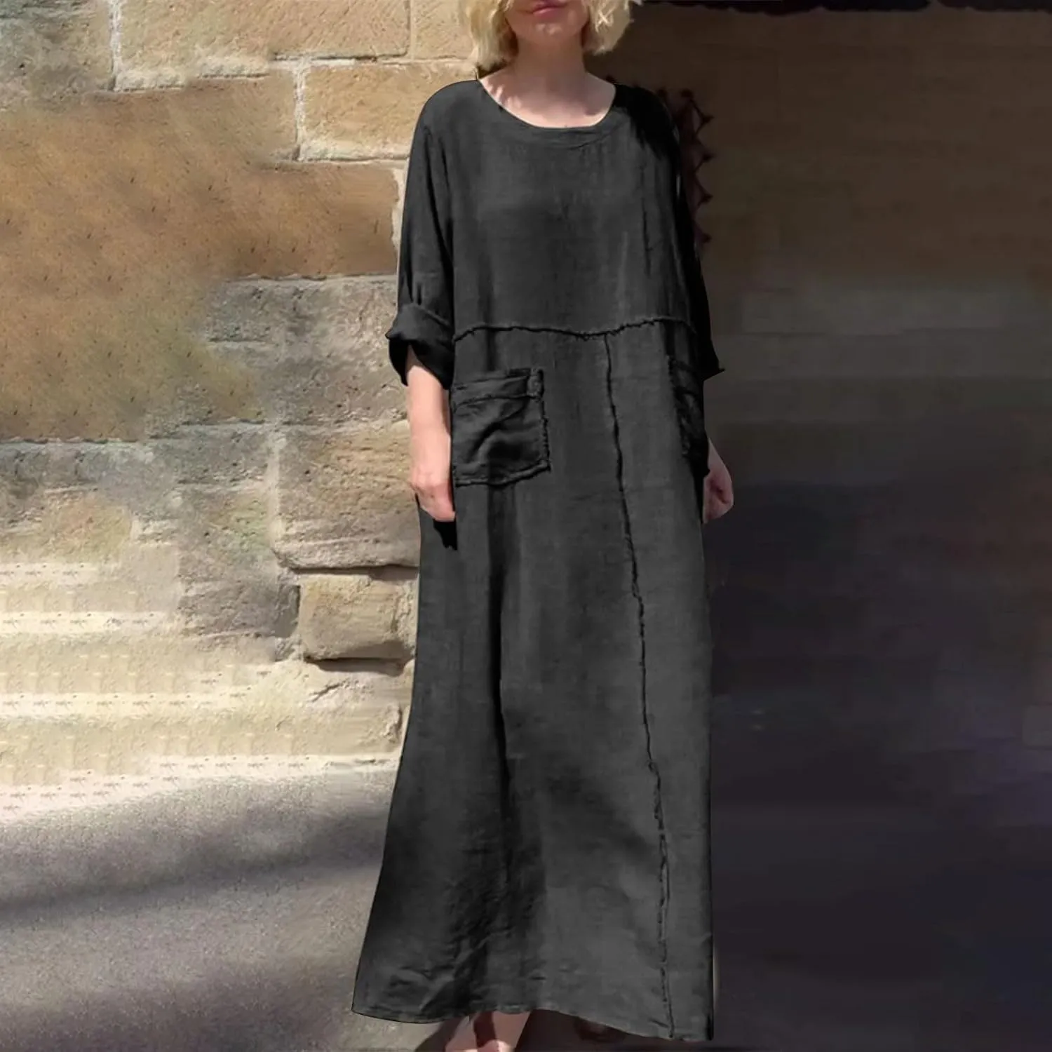 Kubbon Women's Linen Maxi Dress Long Sleeve Crewneck Flowy Vacation Dresses Boho Beach Pleated Long Dresses with Pockets