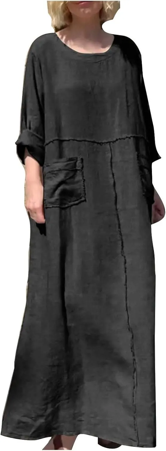Kubbon Women's Linen Maxi Dress Long Sleeve Crewneck Flowy Vacation Dresses Boho Beach Pleated Long Dresses with Pockets
