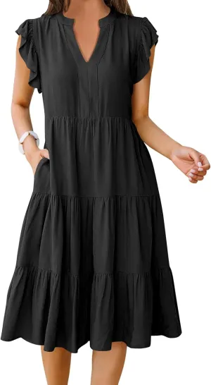 Kubbon Womens Midi Dress Casual Ruffle Sleeve V Neck Dresses Loose Flowy Tiered Boho Beach Vacation Sundress with Pockets