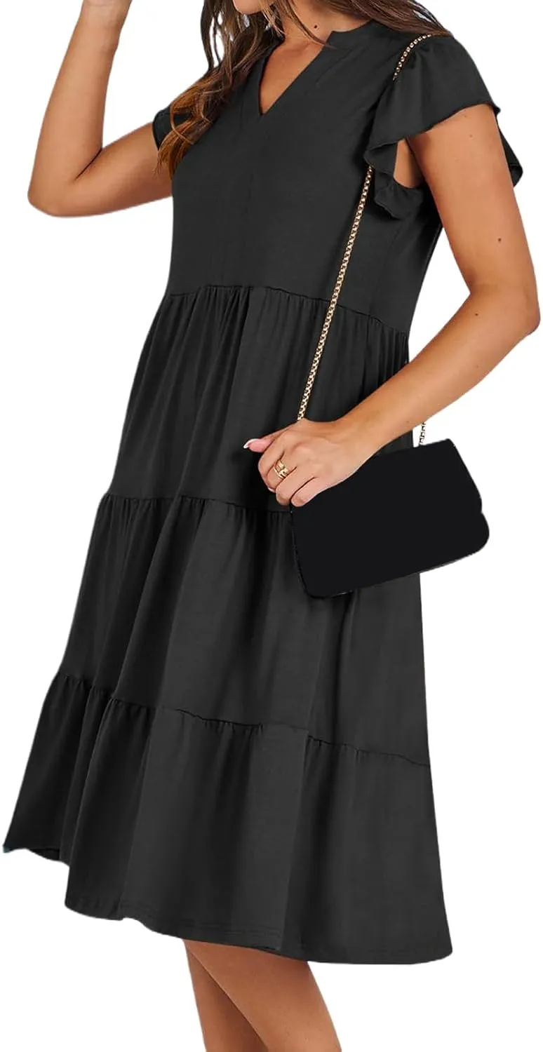Kubbon Womens Midi Dress Casual Ruffle Sleeve V Neck Dresses Loose Flowy Tiered Boho Beach Vacation Sundress with Pockets