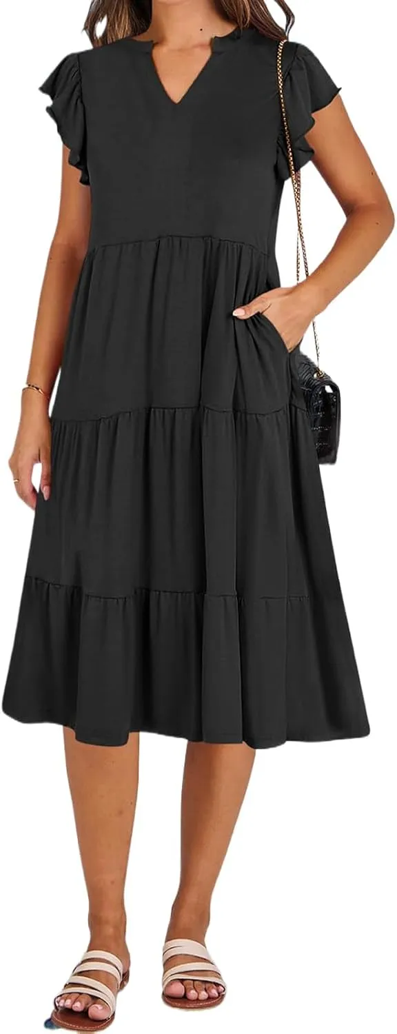 Kubbon Womens Midi Dress Casual Ruffle Sleeve V Neck Dresses Loose Flowy Tiered Boho Beach Vacation Sundress with Pockets