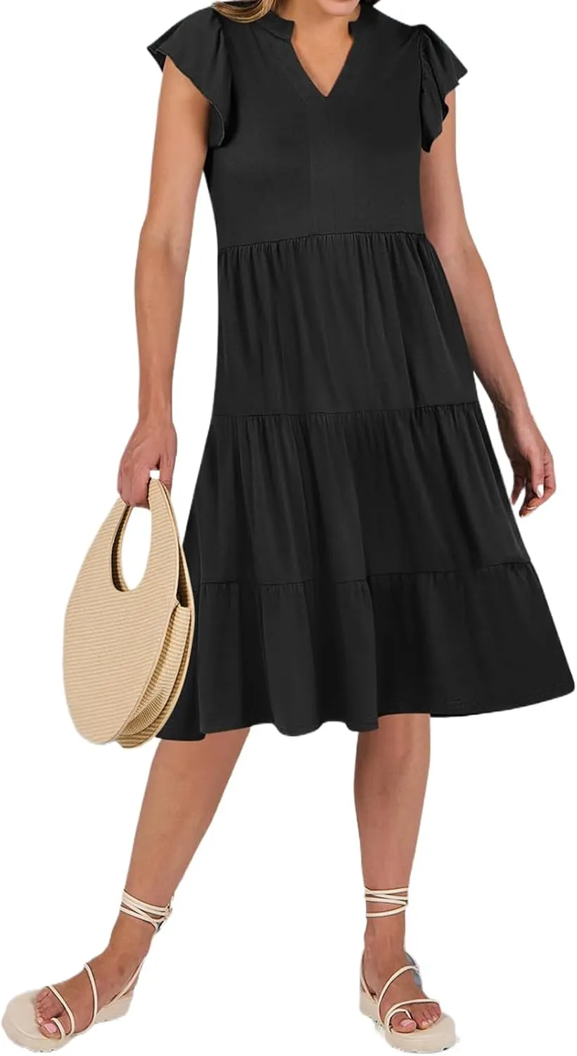Kubbon Womens Midi Dress Casual Ruffle Sleeve V Neck Dresses Loose Flowy Tiered Boho Beach Vacation Sundress with Pockets