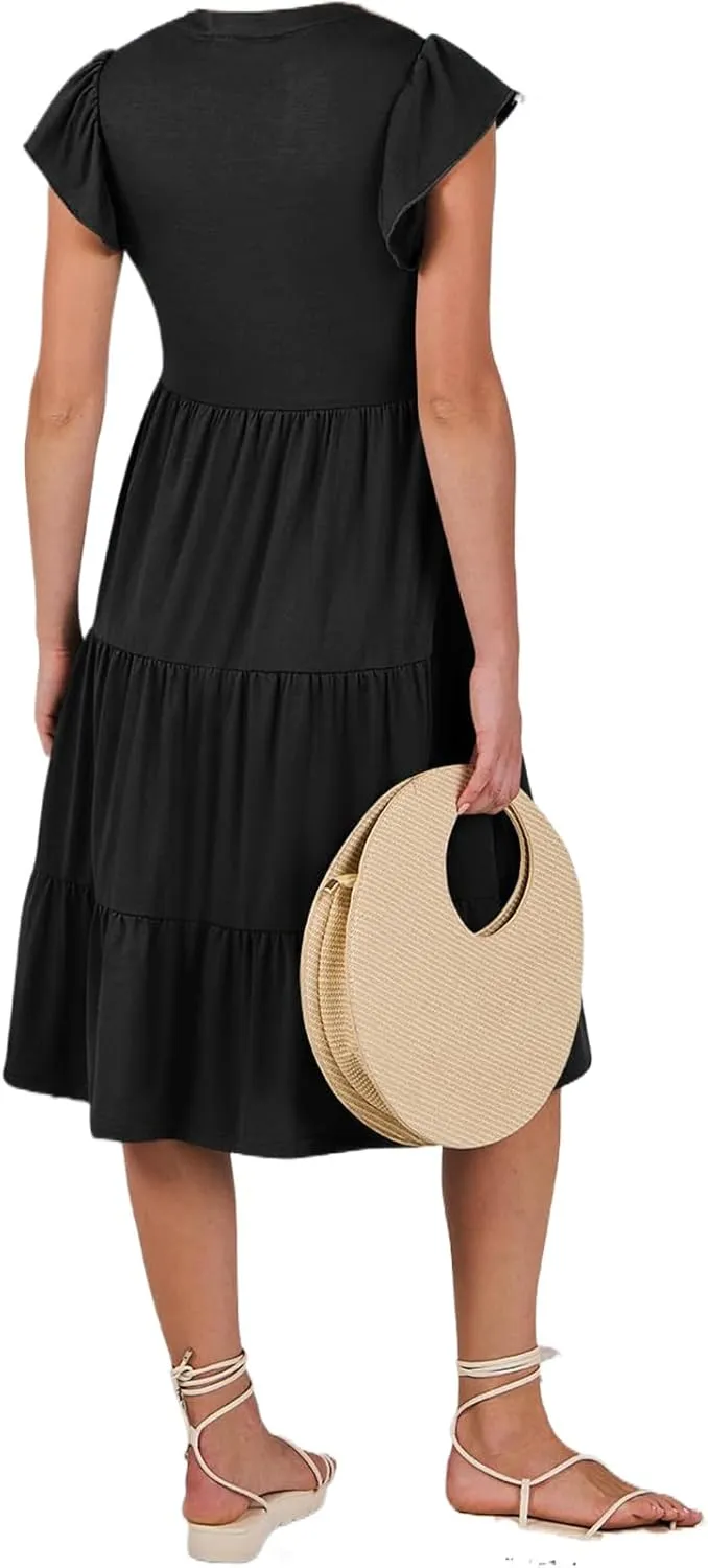 Kubbon Womens Midi Dress Casual Ruffle Sleeve V Neck Dresses Loose Flowy Tiered Boho Beach Vacation Sundress with Pockets