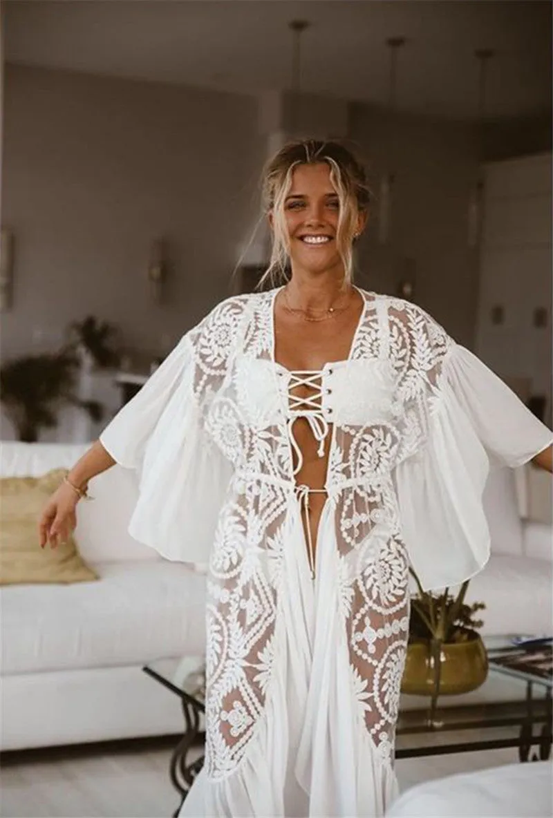 Lace Embroidered Ruffled Chiffon Pullover with Beach Jersey Bikini Blouse