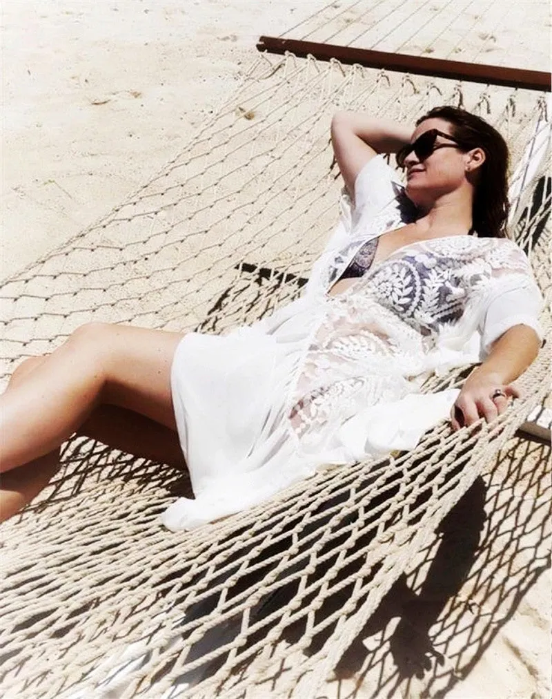 Lace Embroidered Ruffled Chiffon Pullover with Beach Jersey Bikini Blouse