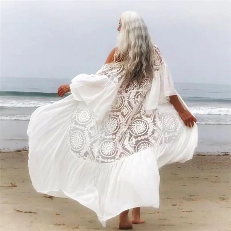 Lace Embroidered Ruffled Chiffon Pullover with Beach Jersey Bikini Blouse