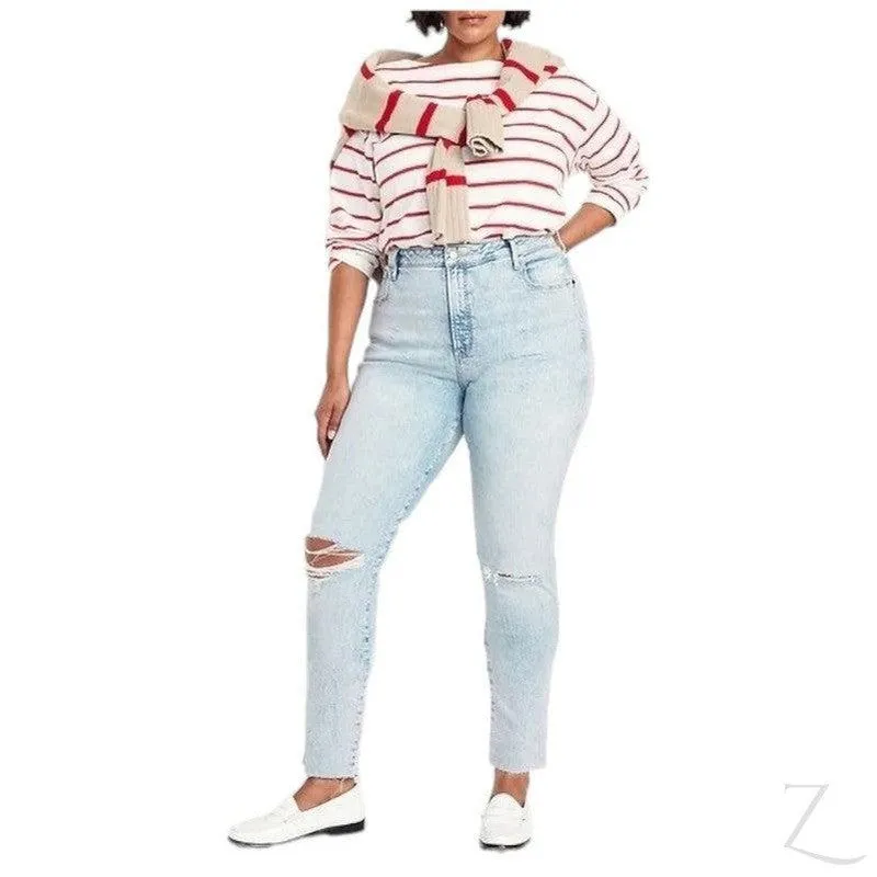 Ladies High Rise Super Strong Slightly Stretchy Slim Fit Denim Jeans With Cropped Hem | Ripped | "Samina"