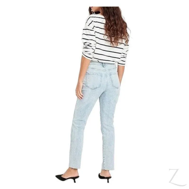 Ladies High Rise Super Strong Slightly Stretchy Slim Fit Denim Jeans With Cropped Hem | Ripped | "Samina"