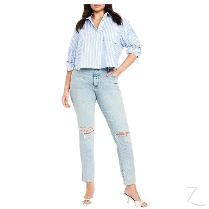 Ladies High Rise Super Strong Slightly Stretchy Slim Fit Denim Jeans With Cropped Hem | Ripped | "Samina"