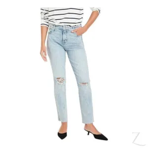 Ladies High Rise Super Strong Slightly Stretchy Slim Fit Denim Jeans With Cropped Hem | Ripped | "Samina"
