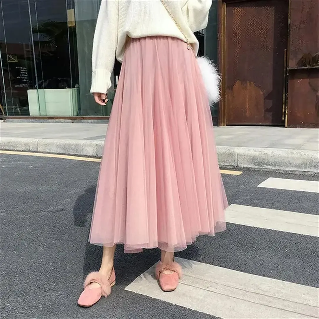 Ladies Solid Color High Waist Skirts Spring Summer Women's Tulle Pettiskirt Skirt
