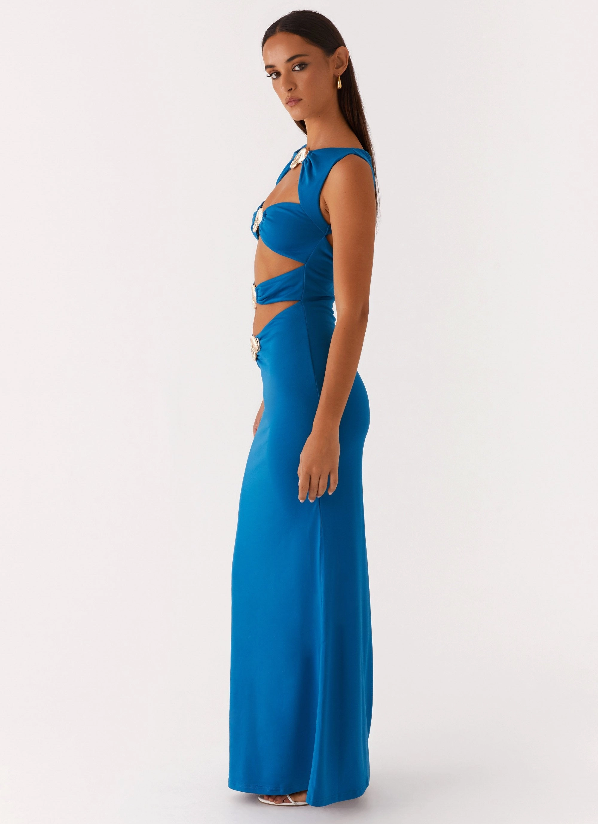 Stretchable Bishop-Sleeve Lagoon Cut Out Maxi Dress - Royal Blue