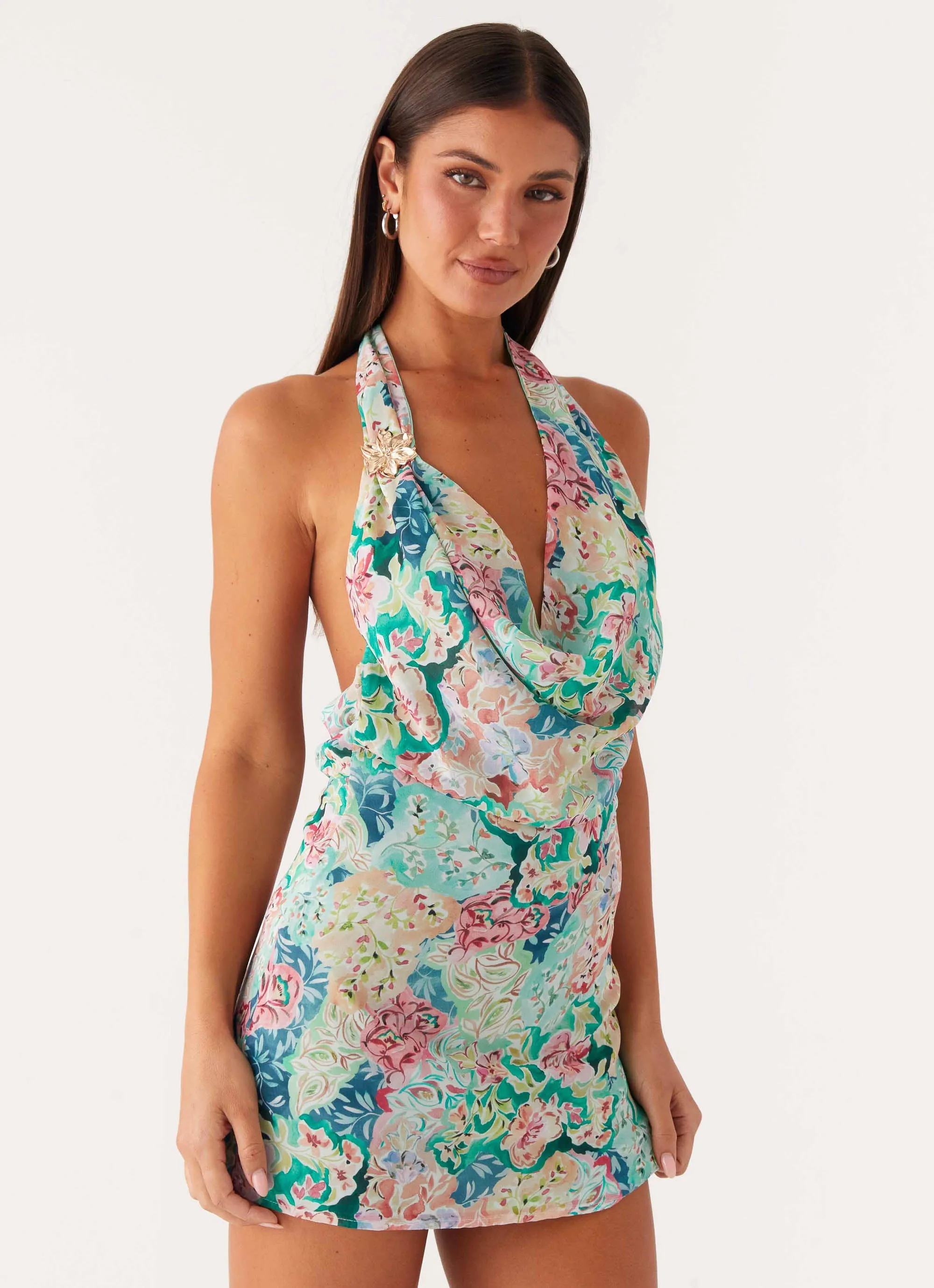 Laid-Back Cowl Mini Dress - Santorini Floral Smart And Comfortable Elegant Flow