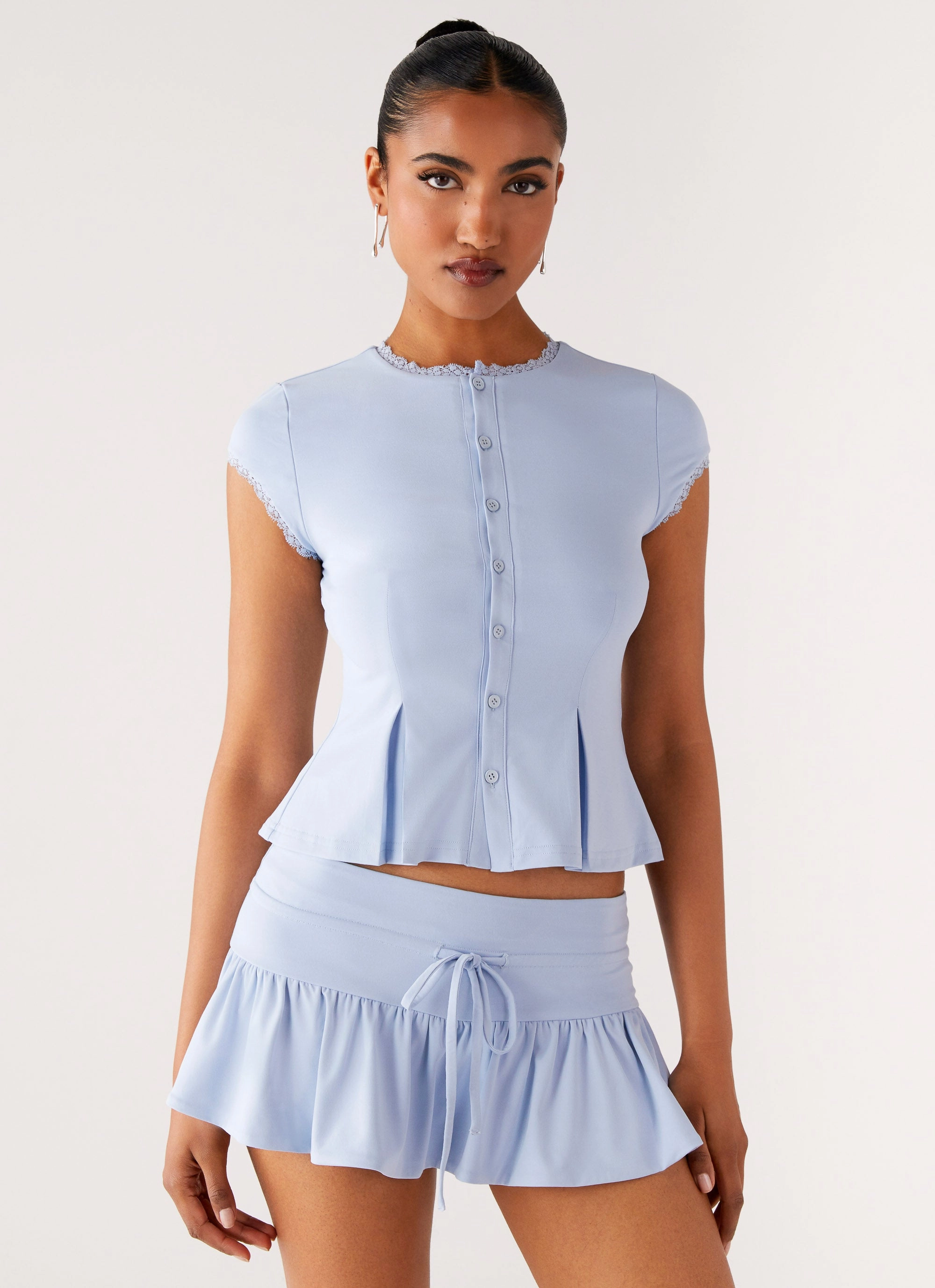 Reflective Trim Flatlock Seam Design Landon Button Up Top - Blue