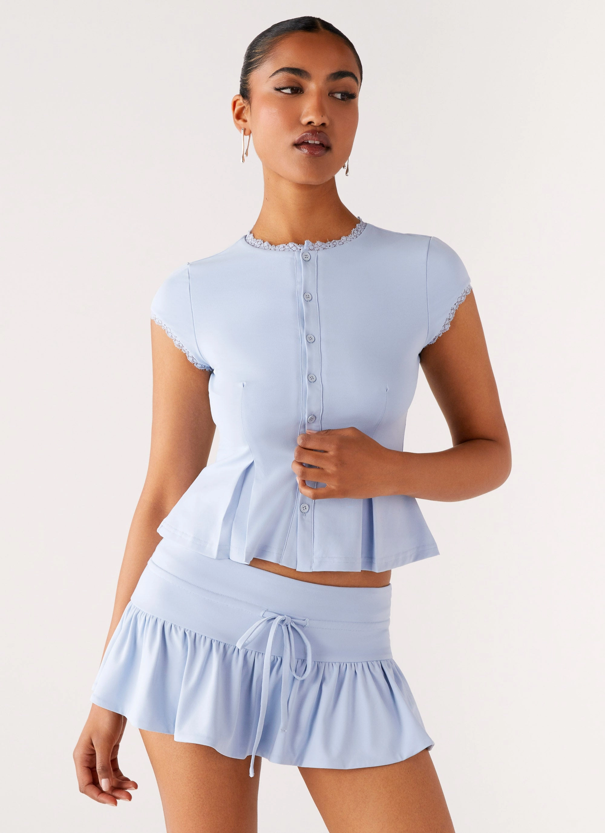 RaglanSleeve Unstructured Silhouette Landon Button Up Top - Blue