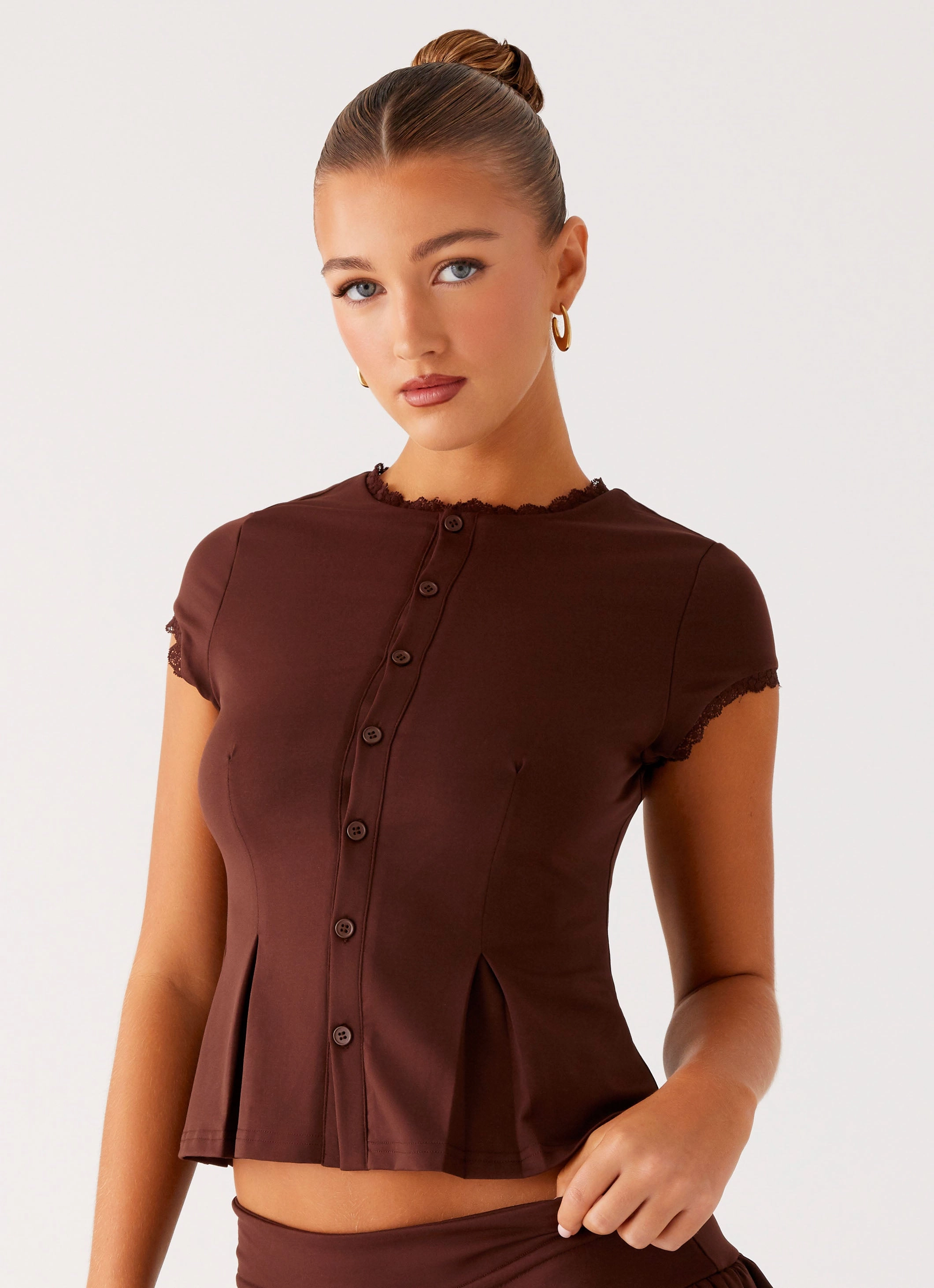 FullLengthZip Bright Color Landon Button Up Top - Chocolate