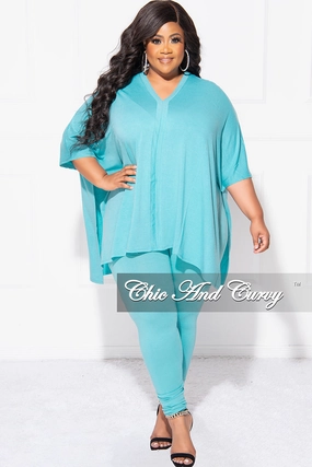 Final Sale Plus Size 2pc V Neck Tunic Top and Matching Legging Set in Mint Blue Non-Binding Fit