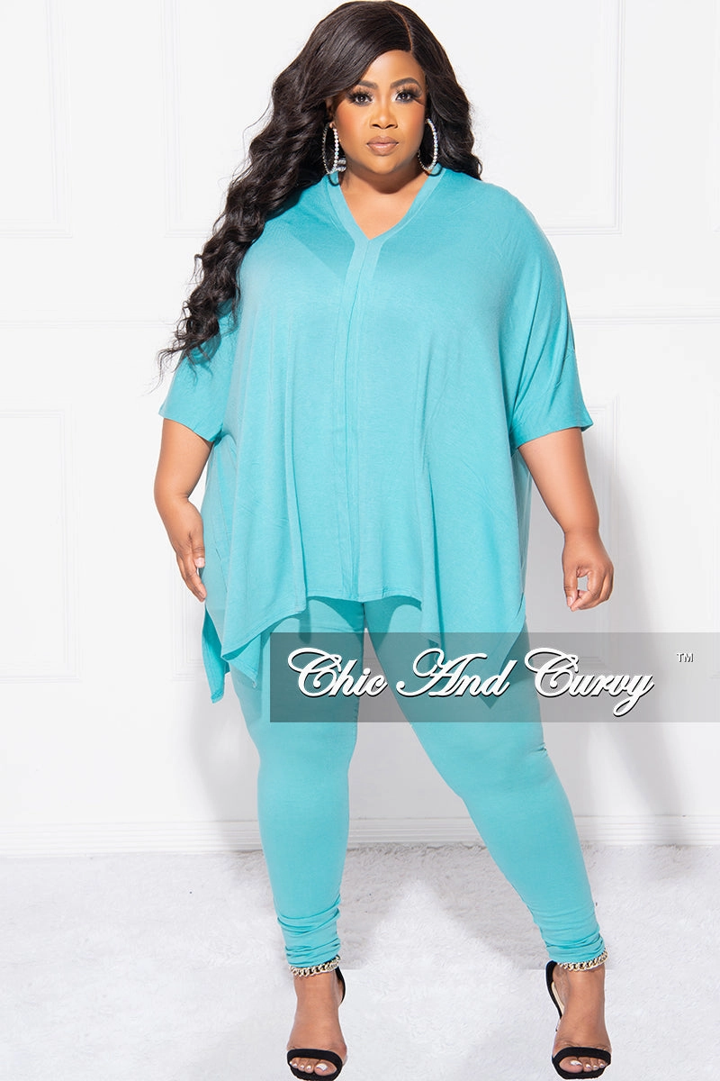 Smooth zipper closure Final Sale Plus Size 2pc V Neck Tunic Top and Matching Legging Set in Mint Blue