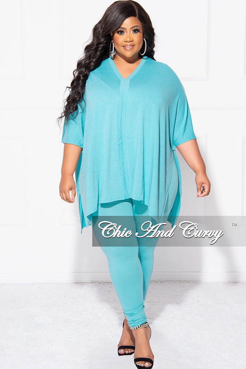 Flattering Comfort Final Sale Plus Size 2pc V Neck Tunic Top and Matching Legging Set in Mint Blue