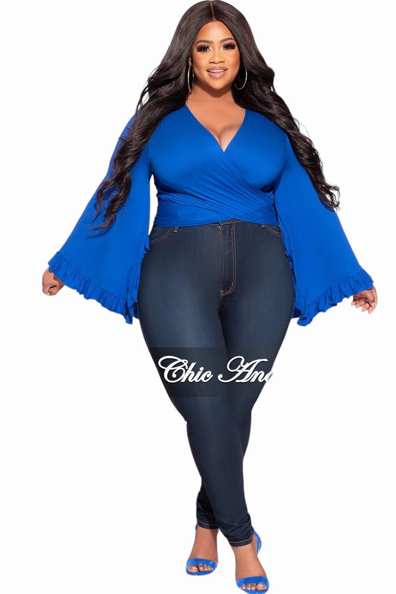 UV Protection Final Sale Plus Size Crop Tie Top with Bell Sleeves in Royal Blue