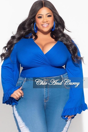 Layered Panel Design Cozy Movement Final Sale Plus Size Crop Tie Top with Bell Sleeves in Royal Blue