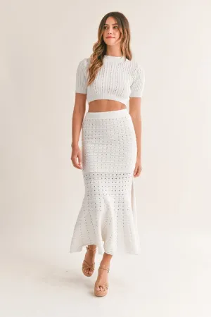 LAST ONE White Pointelle Knit Midi Skirt Set