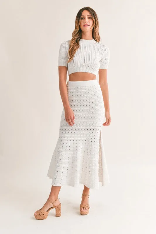 LAST ONE White Pointelle Knit Midi Skirt Set