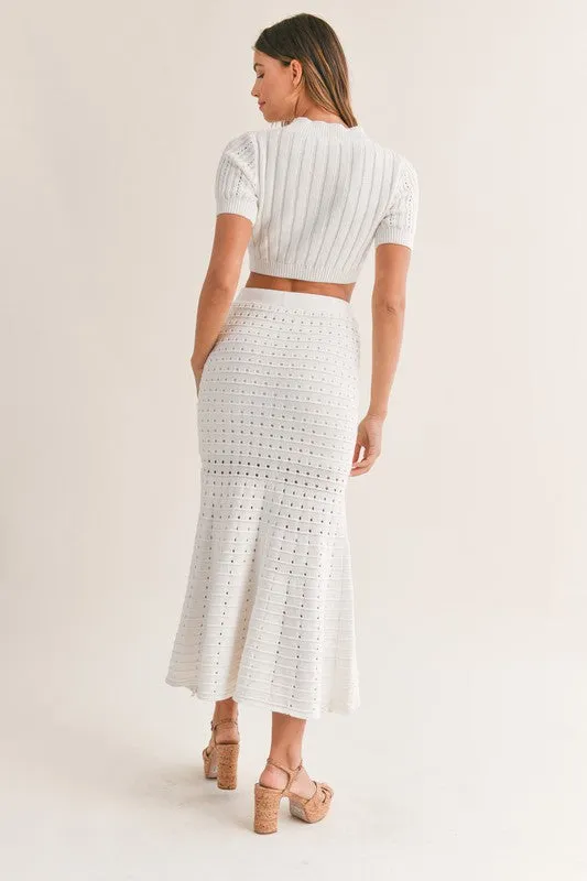LAST ONE White Pointelle Knit Midi Skirt Set