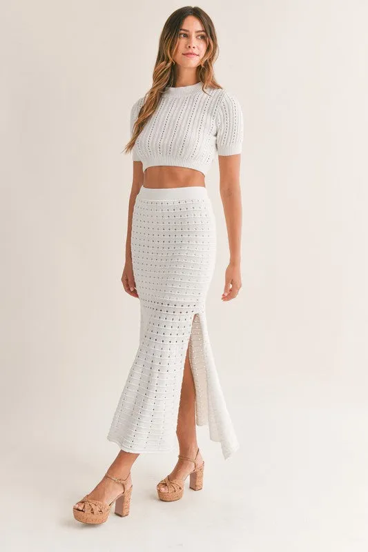 LAST ONE White Pointelle Knit Midi Skirt Set