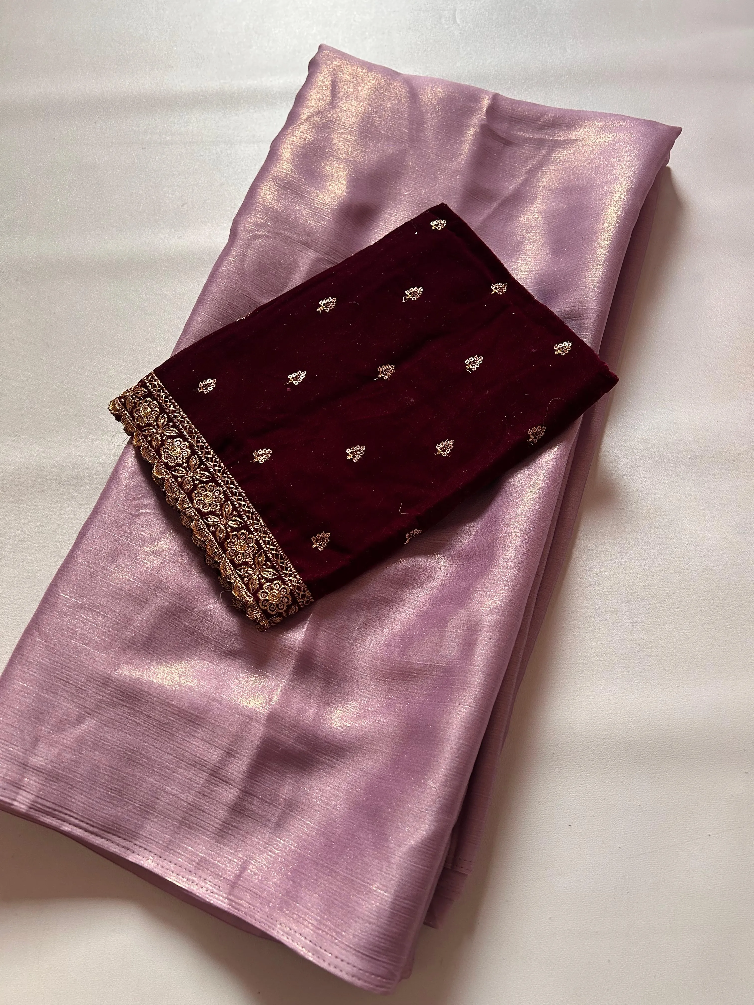 Latest Partywear Moss Chiffon Fancy Designer Saree With Velvet Embroidered Work Blouse