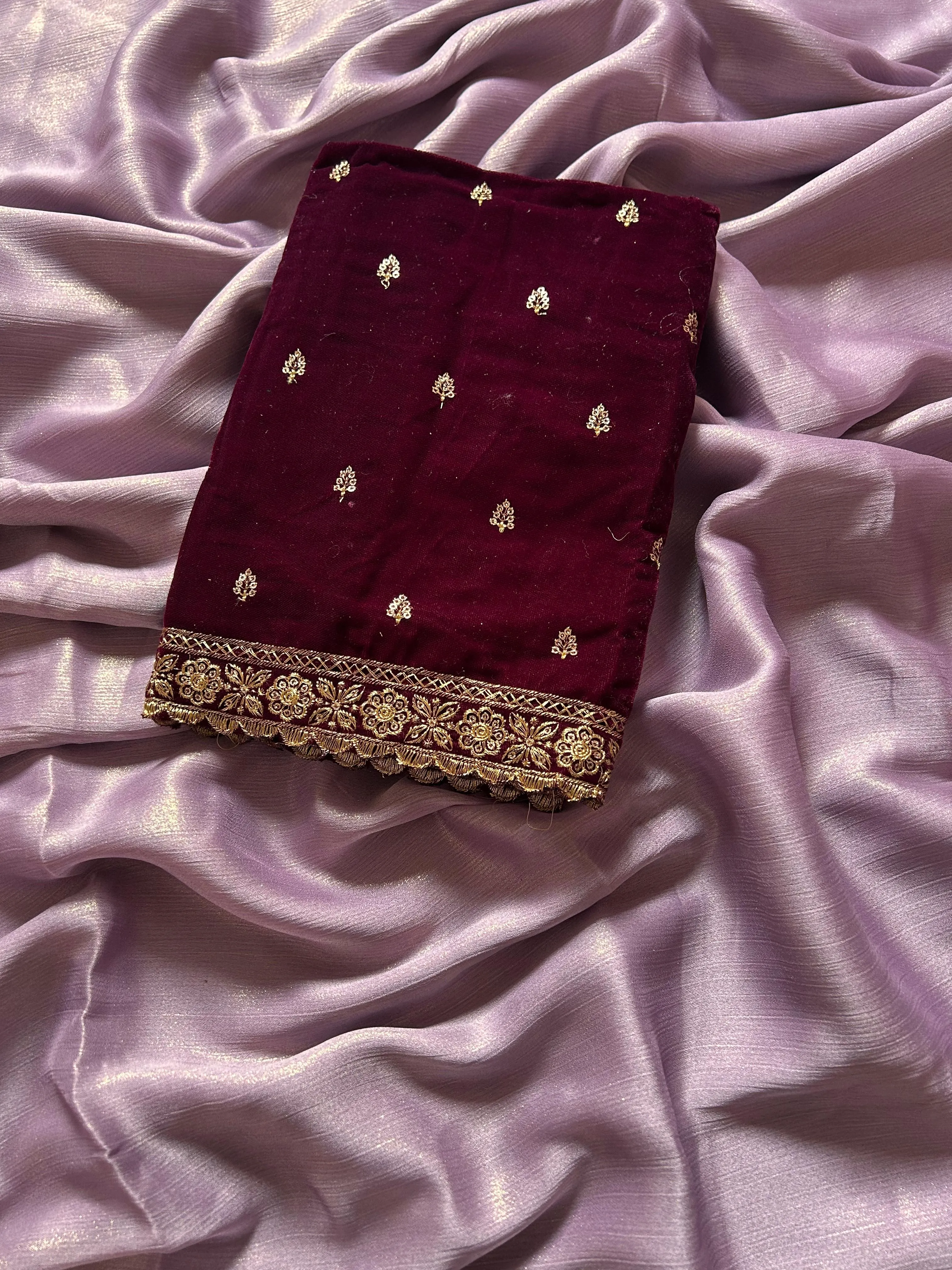 Latest Partywear Moss Chiffon Fancy Designer Saree With Velvet Embroidered Work Blouse