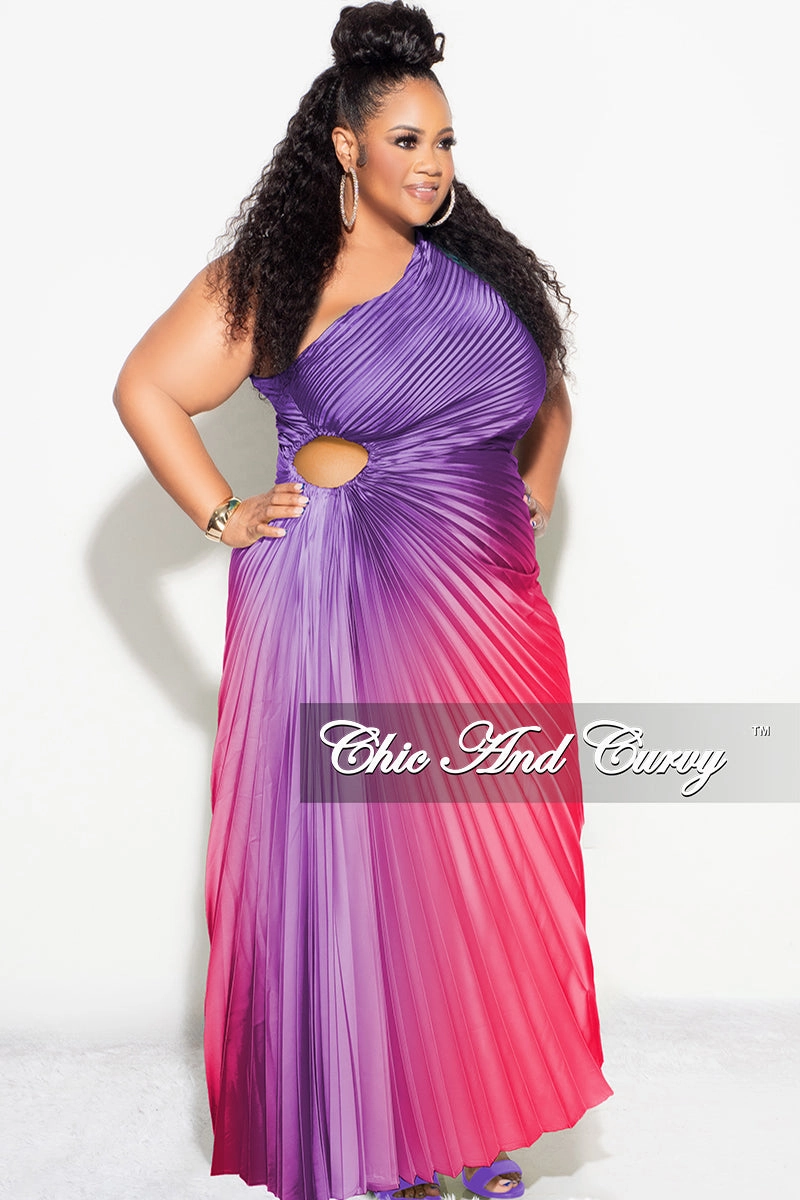 UV Protection Enhanced LowMaintenance Fabric Final Sale Plus Size Satin One Shoulder Asymmetric Pleated Dress with Cut Out in Purple and Fuchsia