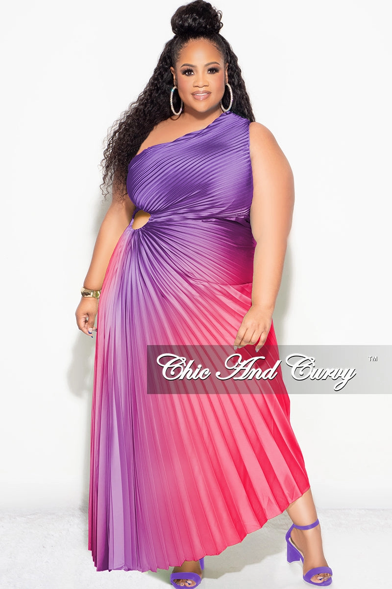 Final Sale Plus Size Satin One Shoulder Asymmetric Pleated Dress with Cut Out in Purple and Fuchsia Active Design