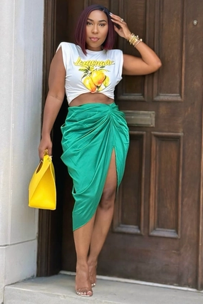 Laura Bustle Butt High Slit Midi Skirt-Green Full Coverage
