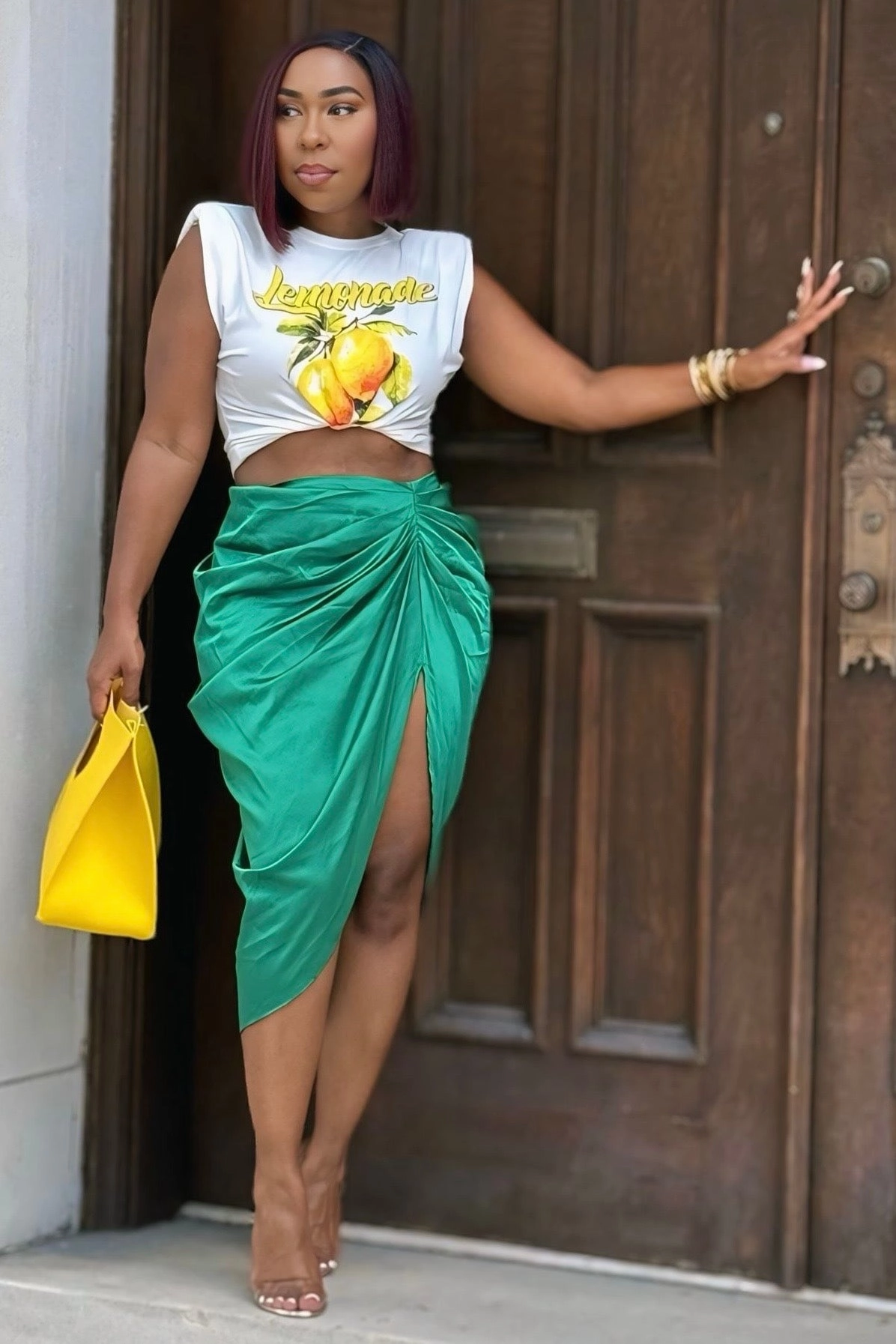 Laura Bustle Butt High Slit Midi Skirt-Green Relaxed Style slim fit