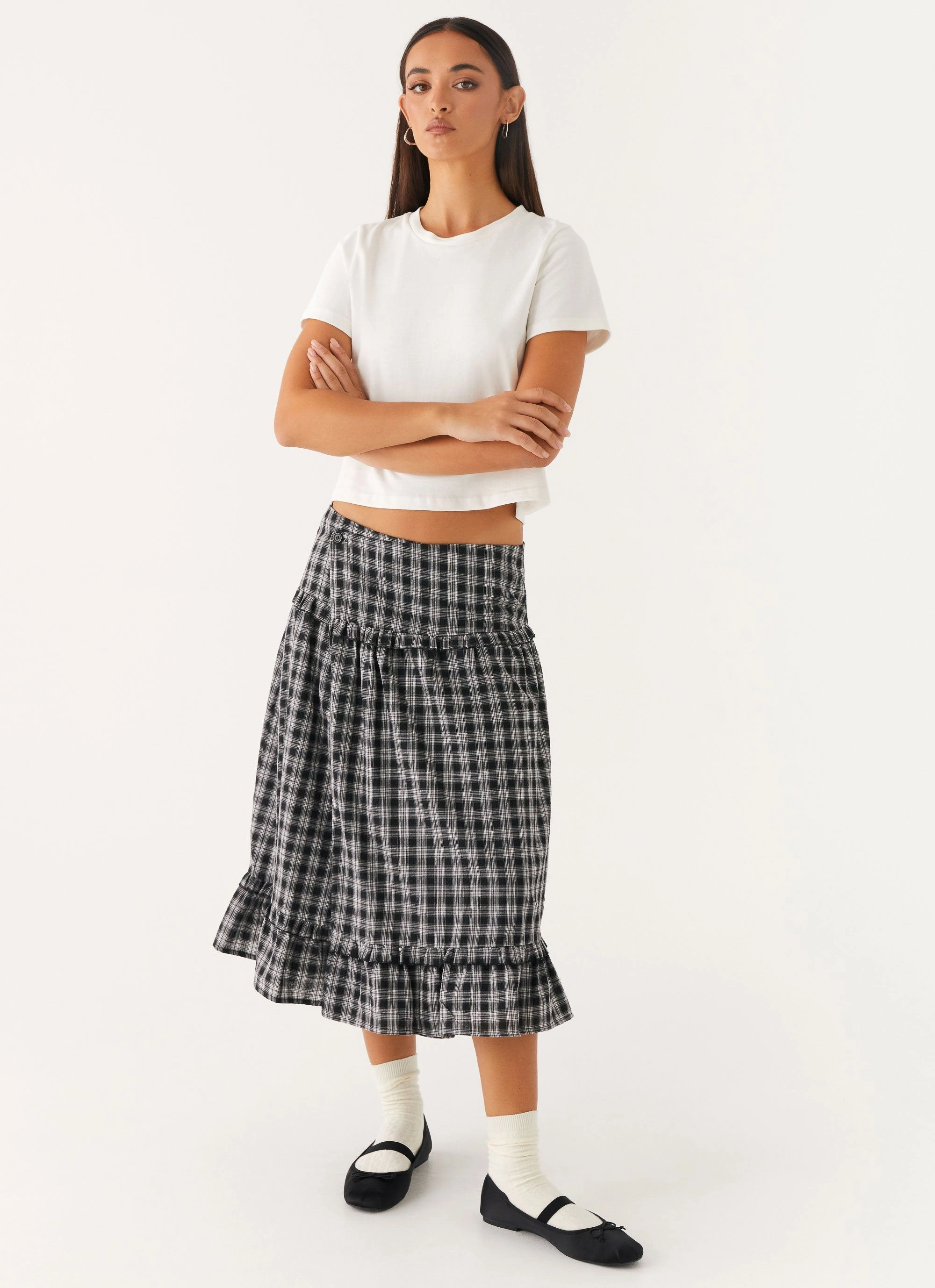 Easy Travel Layer Ready Laura Midi Skirt - White Black Check