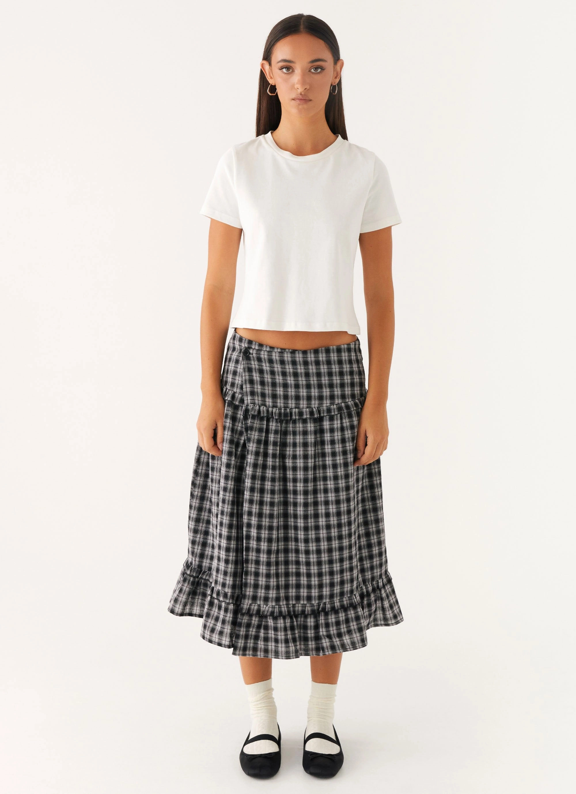 Eco Friendly Material Water Repellent Coating Laura Midi Skirt - White Black Check