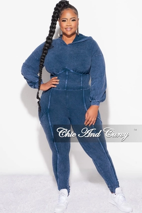 Elastic Free Cuffs Easy Fit Design Final Sale Plus Size 2pc Hooded Top and Set in Navy
