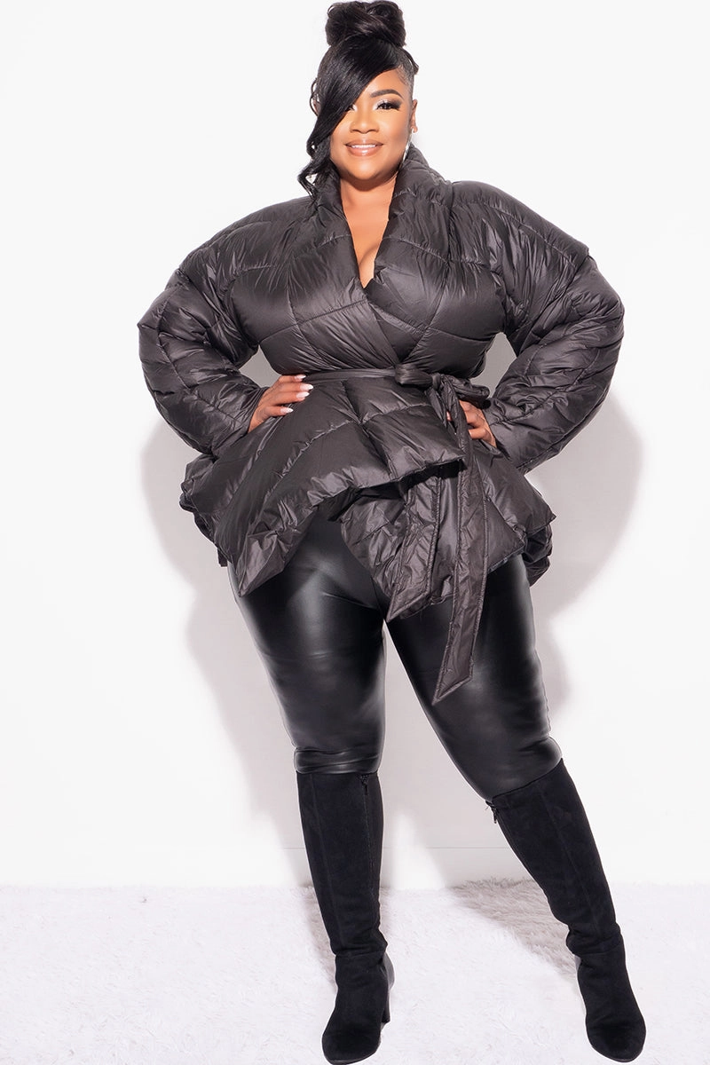 Final Sale Plus Size Belted Puffer Jacket in Black Easy Stretch Fit