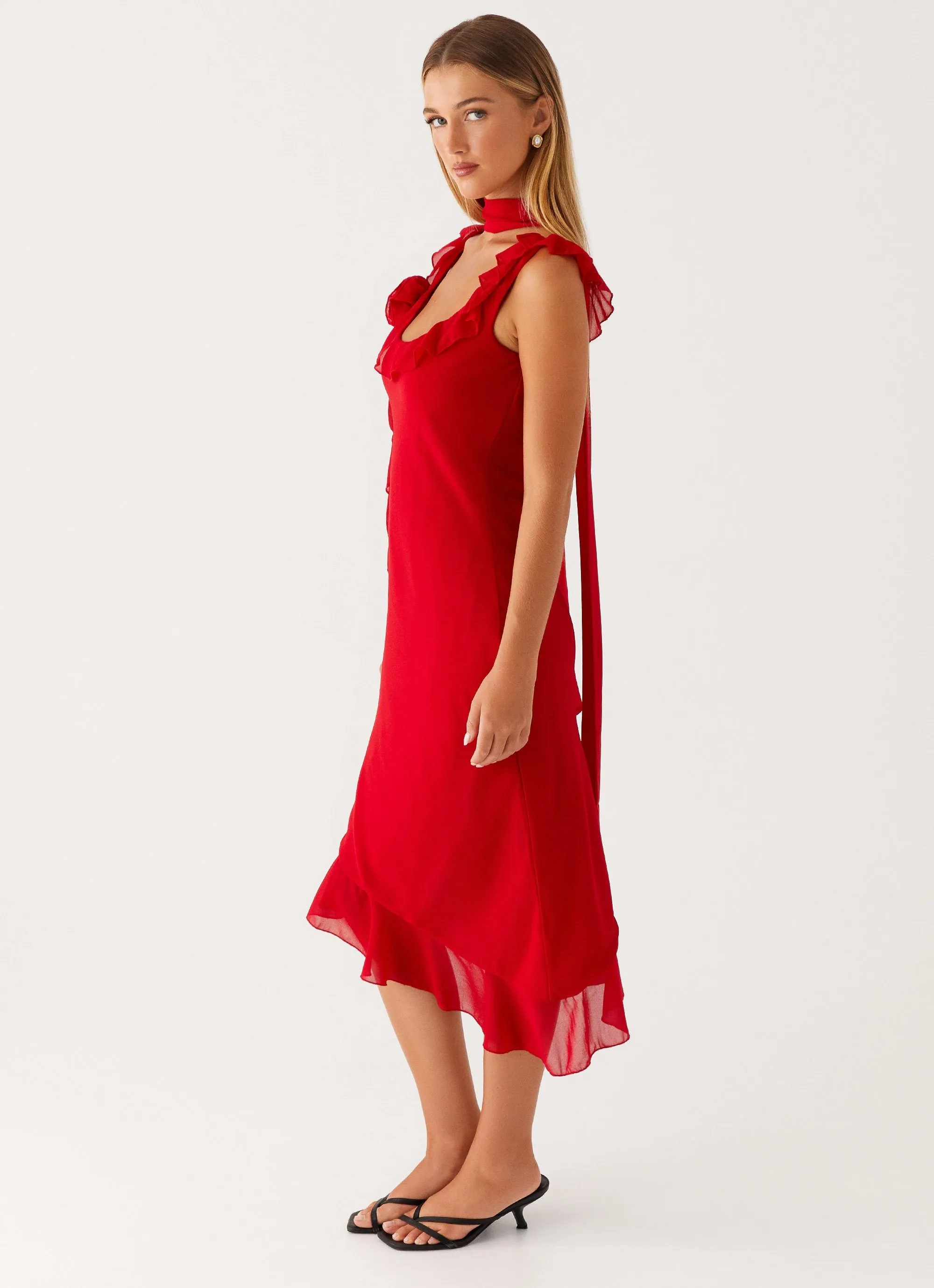 Fariday Midi Dress - Red Feminine Cut Gemstone-Detail