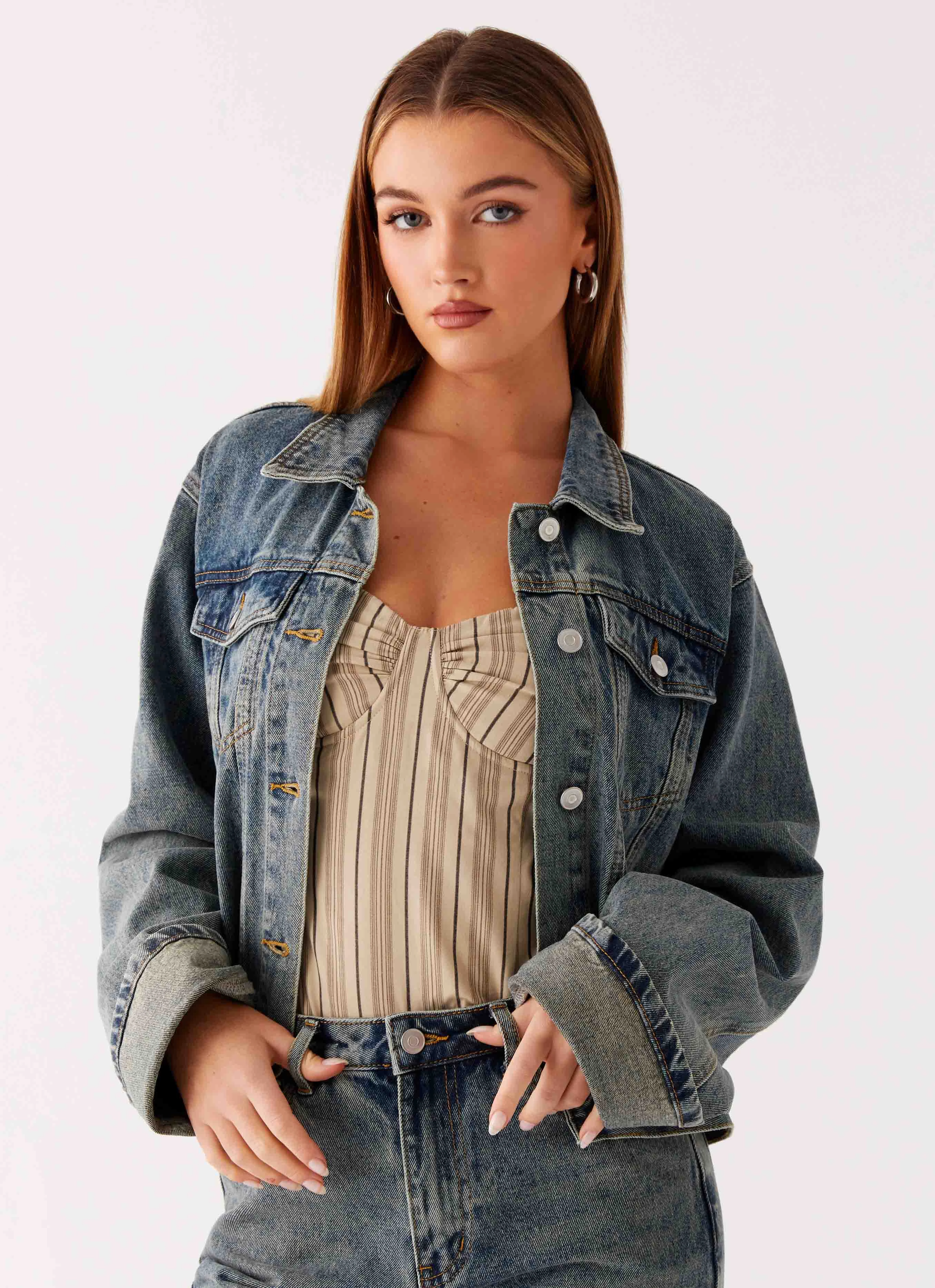 Foldable Collar Back Again Oversized Denim Jacket - Dirty Wash