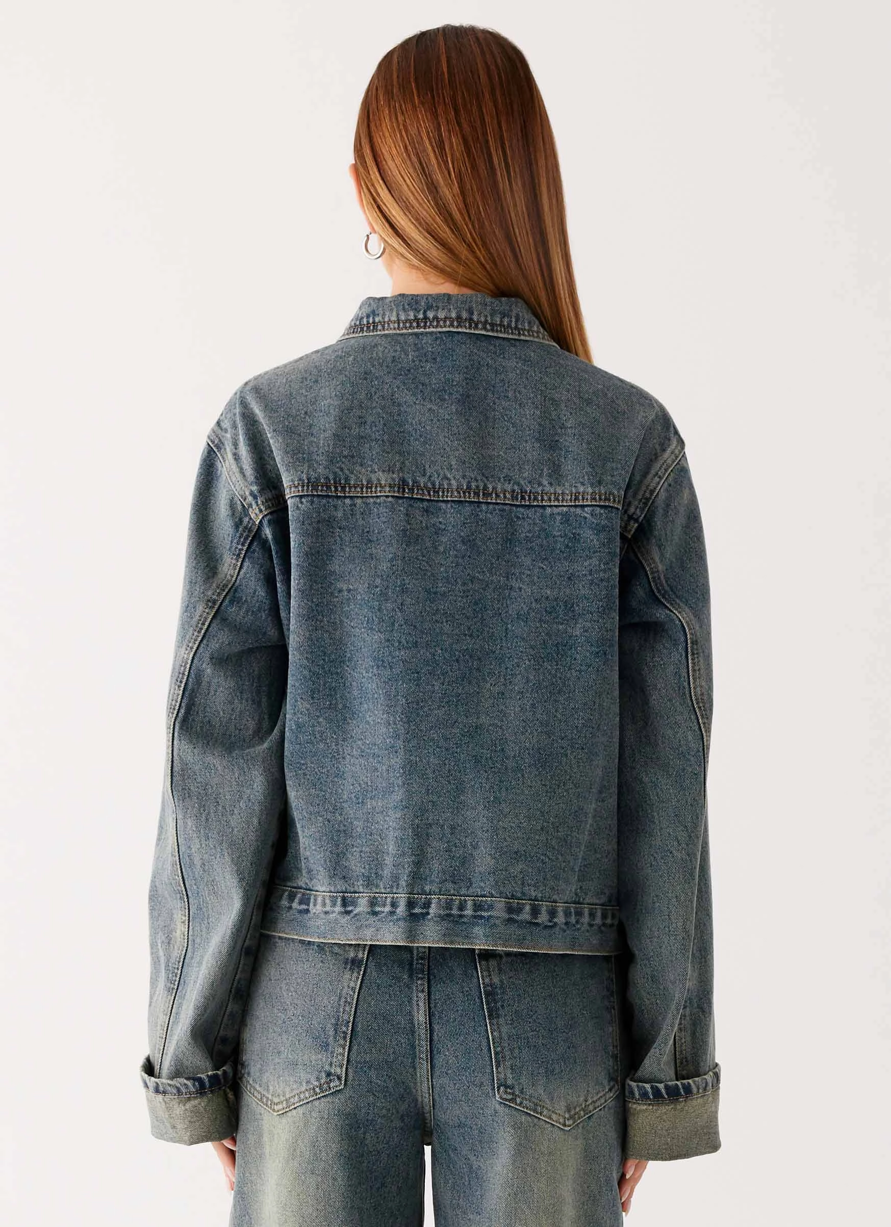 UV Protective Coating Articulated Knees Back Again Oversized Denim Jacket - Dirty Wash