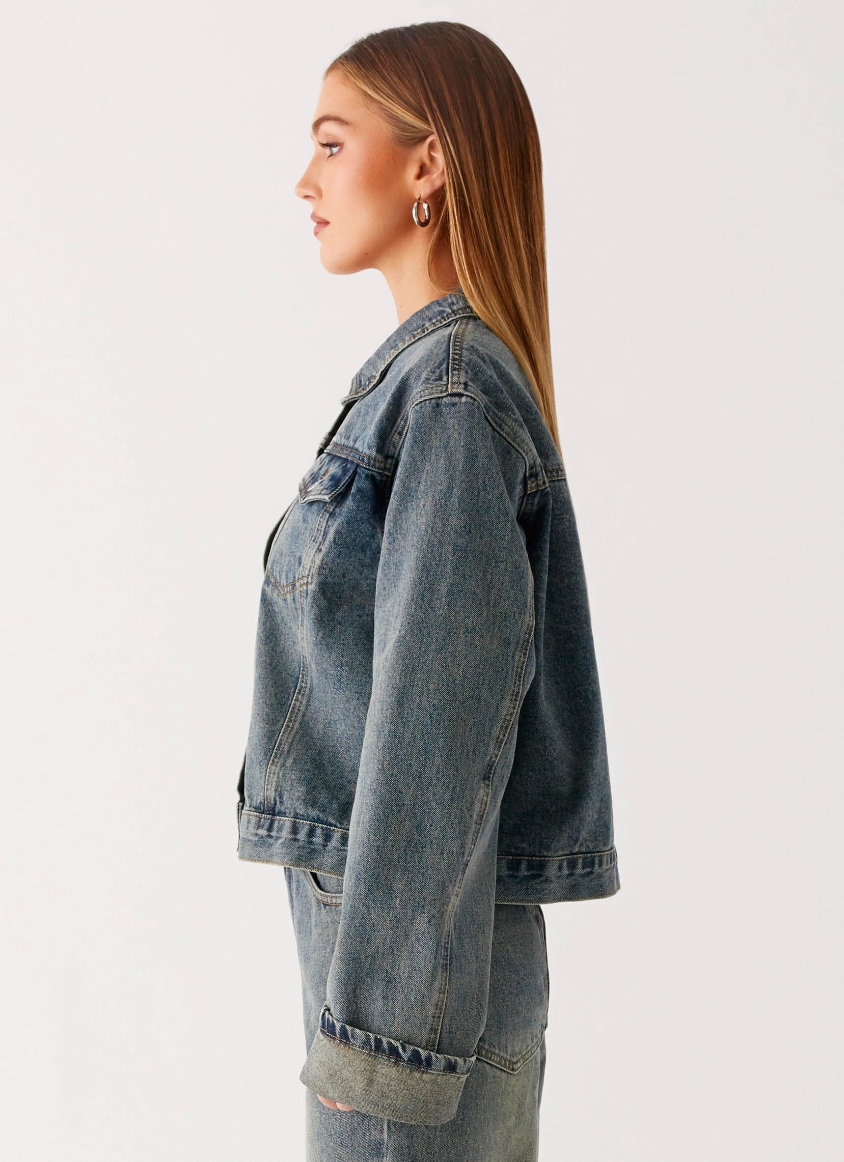Back Again Oversized Denim Jacket - Dirty Wash Refined Style Softshell Fabric
