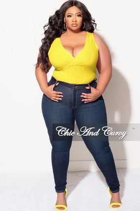Final Sale Plus Size Ribbed Faux Wrap Sleeveless Bodysuit in Yellow Fit Control